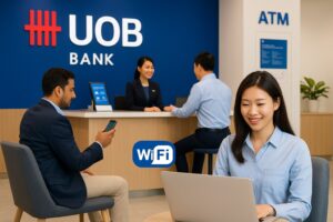 Khách hàng sử dụng WiFi tại ngân hàng UOB