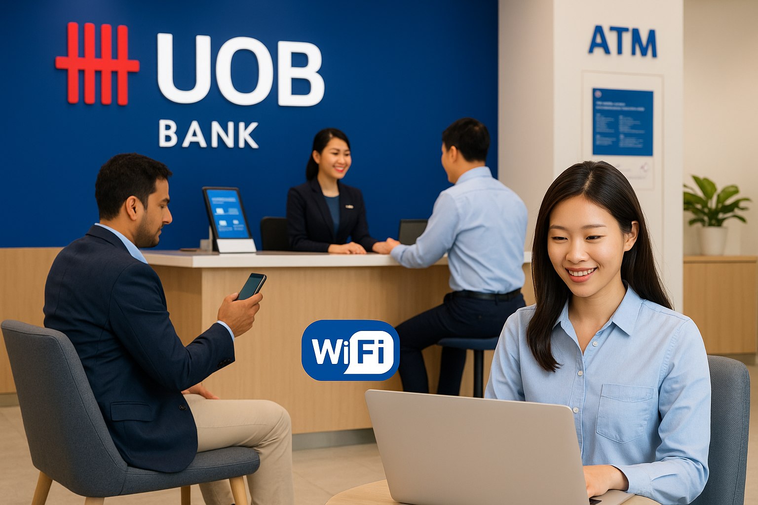Khách hàng sử dụng WiFi tại ngân hàng UOB