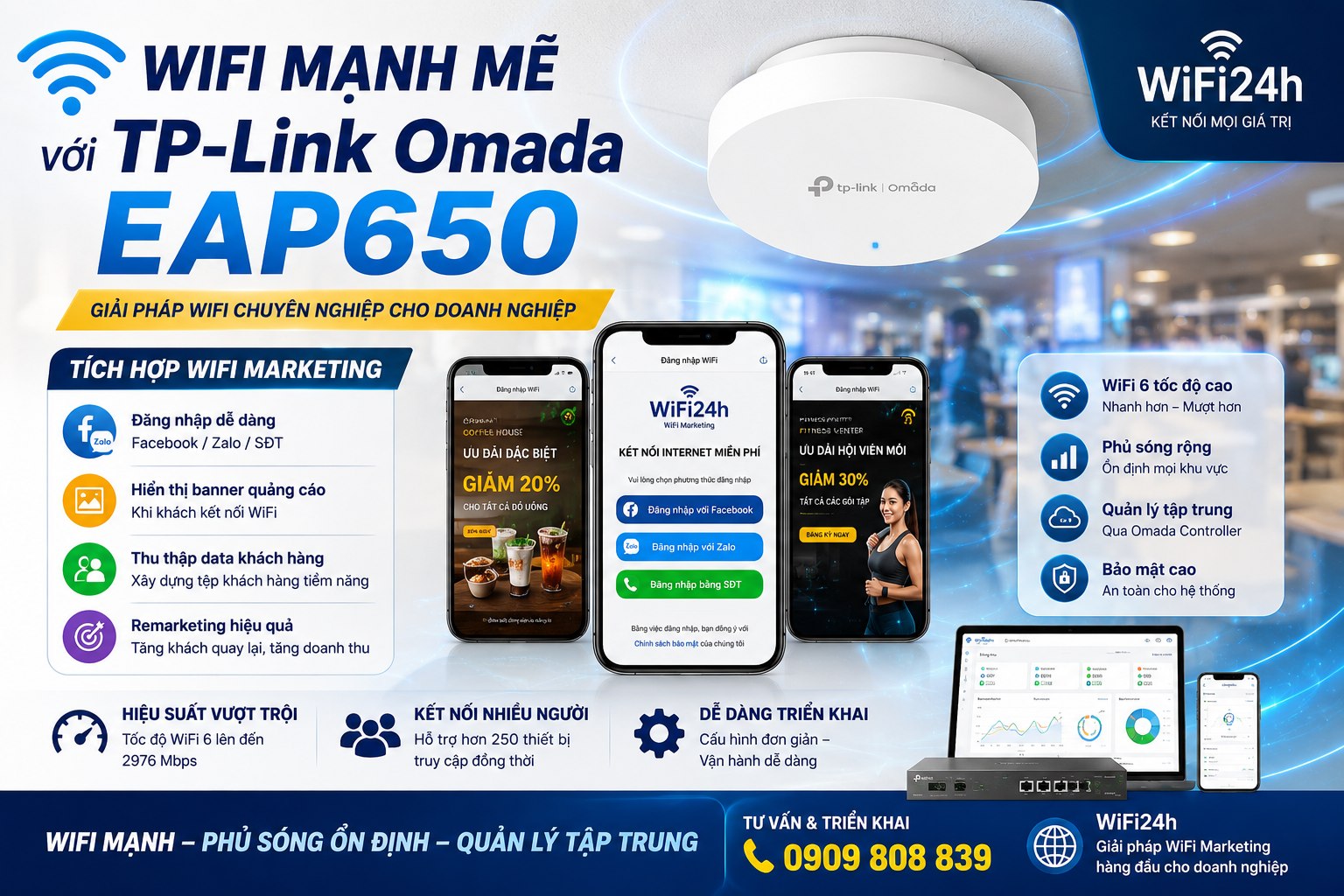 COMBO TP-Link EAP650 + WiFi Marketing Vĩnh Viễn